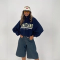 Retro high street dark blue half-zip sweatshirt with yellow letter print for women - S / Navy Blue