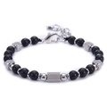 Close-up of adjustable matte black beaded bracelet with hexagonal silver charms - Matte Stone Bracelet-B
