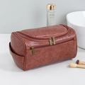 Brown PU leather travel toiletry bag with large main compartment and front zipper pocket - Hanging Style / Red Brown