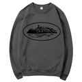Dark grey crewneck sweatshirt featuring a vintage oval island landscape print on the front - Dark Gray (Black Print)