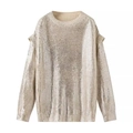 Maglione in maglia metallica oro champagne con girocollo e dettagli di volant sulle spalle - S / Oro