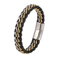 Men's woven leather bracelet with black, gold, and silver titanium steel chains - Silver + Gold