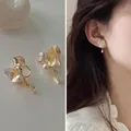 French vintage iridescent flower clip-on earrings with pearl and zircon drops - Glazed Flower Pearl Clip-on
