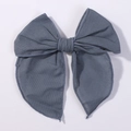 Gray-blue linen fabric bow hair clip for girls with detailed ruffled edge stitching - Grey Blue