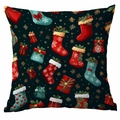 Dark green square Christmas pillow cover featuring festive socks and gift box patterns - Dark Green Xmas Sock Gift Snowflake (CDR354-12) / 45x45cm Single-sided No Insert