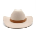 Beige wool felt cowboy hat with brown leather band and wide brim for men and women - M (56-58cm) / Off White