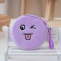 Cute round purple plush coin purse with cartoon embroidery and a plastic clip - Purple