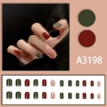 Christmas style press-on nails in deep green and wine red with gold foil accents - Glue Style (A3198) / Dark Red/Dark Green/Nude Pink