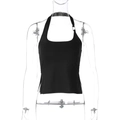 Detailopname van zwarte haltertop met zij-openingen op een transparante mannequin model - S / Zwart