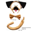 Detail of dog cosplay set including plush ears headband, nose, bowtie and tail with sizes - Pug Faux Fur 4-Piece Set