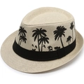 Classic beige straw panama hat with black palm tree pattern and wide decorative band - M (56-58cm) / Beige with Coconut Tree