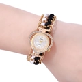 Golden heart-shaped quartz watch with rhinestone bezel and black-white braided strap - Black and White Heart Style (A8)