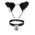 Black and white plush cat ear headband with matching black leather bell choker set - Black/White Cat Ears + Bell PU Choker