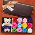 Soap flower gift box with white teddy bear in purple dress and multi-colored roses - 12 Mixed Color Roses + Bear