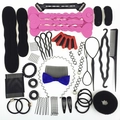 Detailed flat lay of a 30-piece hair styling set with tools, clips, and foam buns - 23-Piece Set