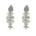 Exaggerated silver fishbone drop earrings with full rhinestone inlay in a hip-hop style - Rhinestone Fishbone Earrings / Silver (925 Sterling Silver Earring Post)