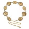 Detail view of golden bohemian metal waist chain with embossed circular plates and lobster clasp - Gold