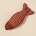 Fish-shaped plush cat toy in dark brown fabric with white zigzag wave patterns - Linen Fish Red