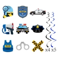 Police theme party decoration set featuring car, badge, and blue black swirls - 9Pcs Hanging Swirls
