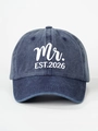 Detail of washed blue cotton baseball cap featuring white Mr. EST.2026 printed text - Adjustable / Mr. / Navy Blue