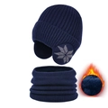 Dark blue winter knit beanie and neck warmer set with snowflake pattern and fleece lining - Navy Blue