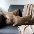Detail of brown velvet pillow covers with gold Sunshine text on dark sofa - 30*50cm / Coffee Home Sweet Home Gold Bronzing