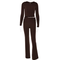 Set in maglia marrone scuro con giacca corta con cappuccio e pantaloni a vita alta - M / caffè