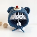 Dark blue baby knit earflap hat with cute bear ears and red pom-pom nose design - Dark Blue Bear - Lined