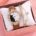 Elegant gift set featuring a rose gold kitten quartz watch and matching star bracelet - Brown + Bracelet + Box