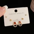 Elegant 3-pair earring set featuring gold studs and red enamel drops with S925 silver needles - Gold-Circle Square Set (20#)