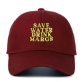 Detail of embroidered Save Water Drink Margs slogan on burgundy cotton baseball cap - Burgundy