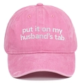 Detail of pink washed cotton baseball cap with white embroidered text on the front crown - Adjustable / Pink
