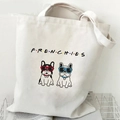 Beige canvas French Bulldog tote bag with colorful text and sunglass dogs print - Friends Style Frenchies (D)