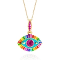 Collar de ojo turco dorado con esmalte de arcoíris y cristal rosa sobre fondo blanco - Serie 1 Rayas Arcoíris (Piedra Rosa)