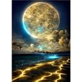 DIY diamond painting featuring a golden moon reflecting on deep blue sea waves - Golden Beach Bright Moon / 20x30cm