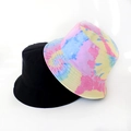 Close-up of black and tie-dye bucket hat showing stitching quality and cotton texture - Pink Blue Yellow Abstract