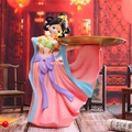 Cartoon Chinese lady figurine in Hanfu holding a golden tray for desk organization - Dunhuang Flying Apsara Tray Pink