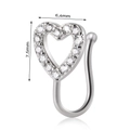 Silver heart non-piercing nose ring with cubic zirconia, size 6.4mm by 7.5mm - Hollow Heart