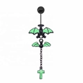 Detail of gothic bat belly button ring with green wings and a hanging cross pendant - Black Bat Cross Green Enamel Belly Ring (2311110036)