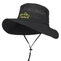 Outdoor black sun hat with breathable mesh side panels and adjustable chin strap - Mountain Embroidery / Black