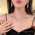 Primer plano de conjunto de collar y pendientes de plata con cristales brillantes - Conjunto - Plata (HN10957)