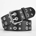 Black punk PU leather belt with silver star rivets and double grommets - Standard / Black