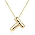 18K gold plated stainless steel bubble letter T pendant necklace with beaded chain - Letter T - Gold