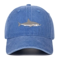 Detailed close-up of grey shark embroidery on blue washed cotton baseball cap - Light Blue