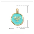 Detailed view of blue enamel Jewish menorah pendant with gold-plated copper frame - Lake Blue Menorah