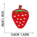 Size chart showing dimensions for a red strawberry embroidered patch with green leaf - Polka Dot Strawberry (W25SG-058-15)