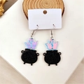 Halloween acrylic earrings featuring iridescent ghost rising from black cauldron - Cauldron Iridescent Ghost