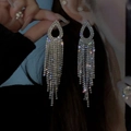 Sparkling silver long fringe earrings with rhinestone tassels for elegant evening parties - Full Rhinestone Tassel / Silver