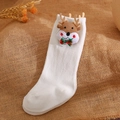 White knitted baby knee-high sock with a 3D plush reindeer head on burlap background - L 1-3 Years Old / White-Bow Reindeer