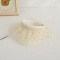 Detail of beige straw sun visor with sequined polka dot mesh and lace trim for kids - One Size / Creamy White